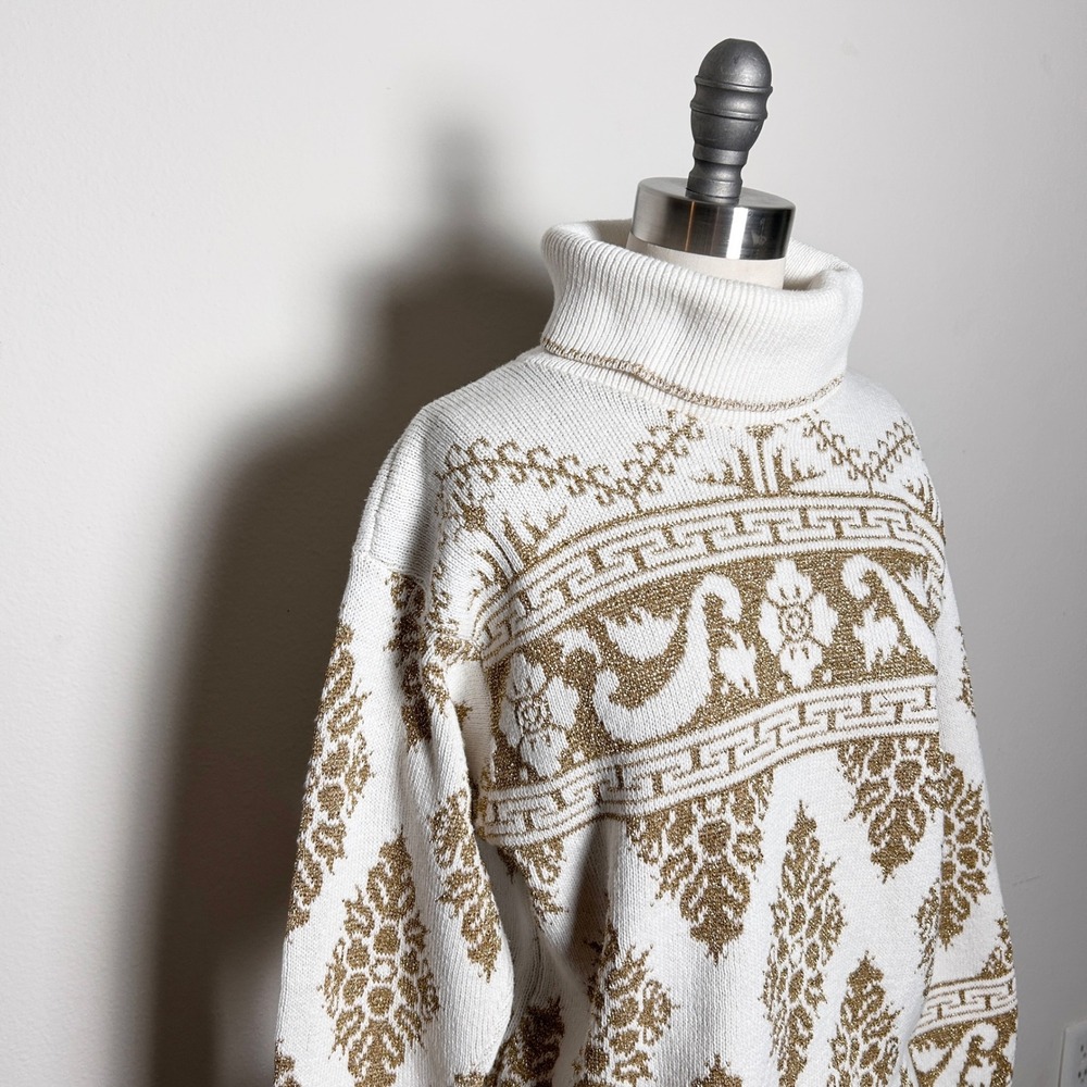 Pierre Cardin White Gold Cotton Metallic Vintage Turtleneck Sweater Women Large
